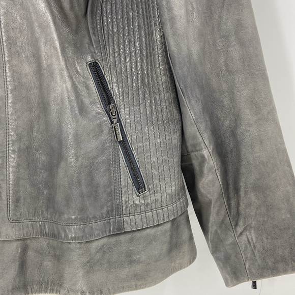 Bernardo leather grey metallic zip front jacket quilting look detail pockets - Picture 9 of 16